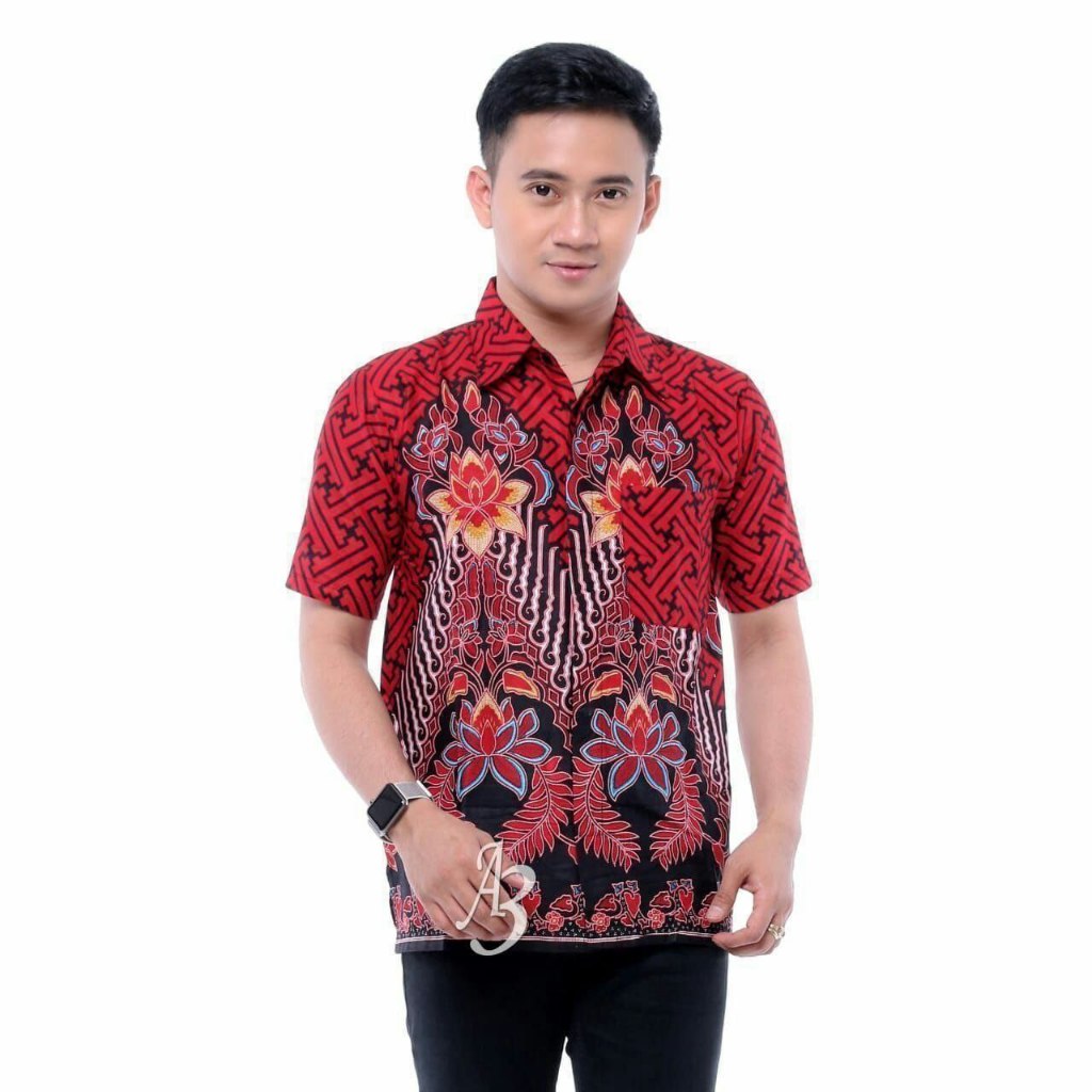 Hem Batik Pria Lengan Pendek- Motif Kembang Wajik Merah - Warna Hitam Merah Kuning