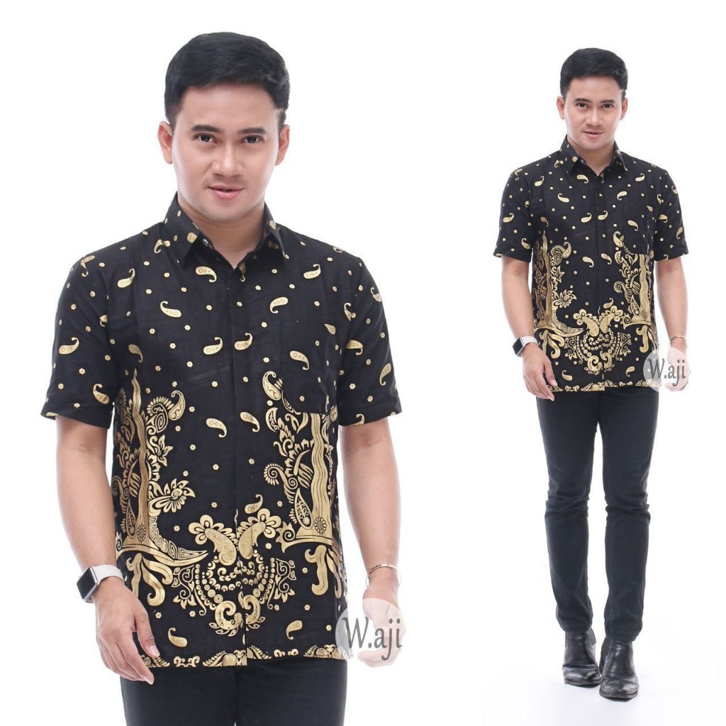 Hem Batik Pria Lengan Pendek - Motif Keris Sulur Emas - Warna Hitam Kuning