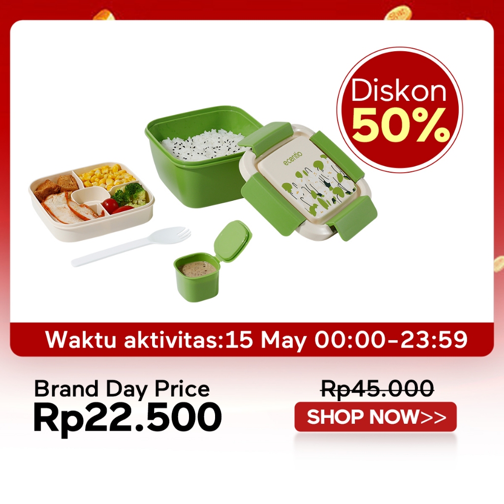 	 ecentio lunch box anti tumpah 1100ml dan kotak saus salad free sendok “Greenwhispers” seri tempat makan	