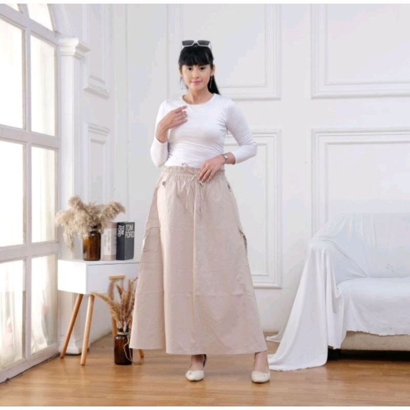 Rok Cargo Wanita Panjang Katun Twill Premium Krem