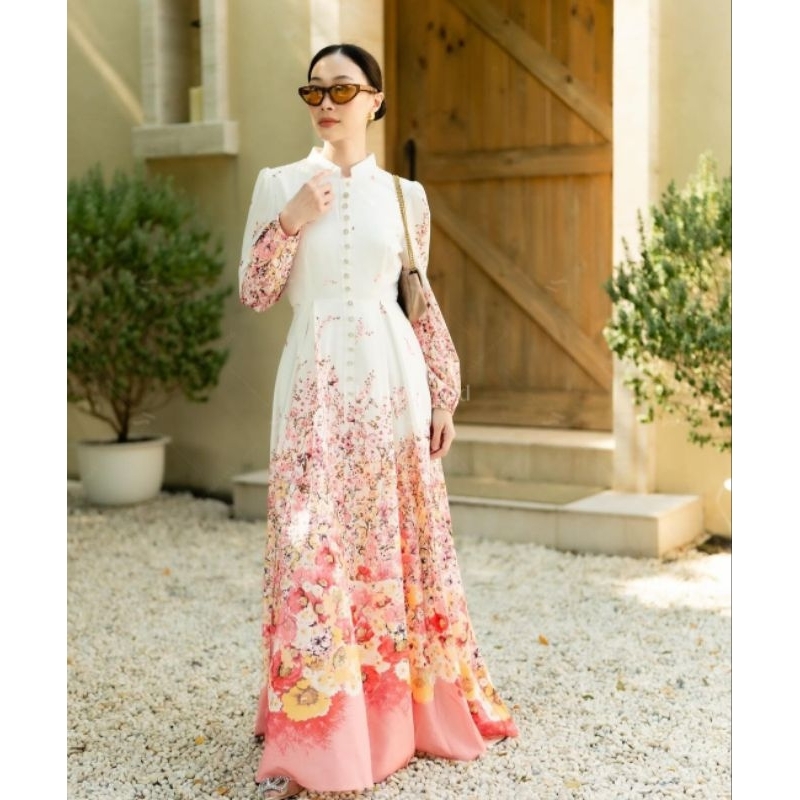 𝙍𝙚𝙖𝙙𝙮‼️(PINK SALE ADA SLIGHT DEFECT) Fia flower maxi dress panjang by VShop brand, hijab friendly, R
