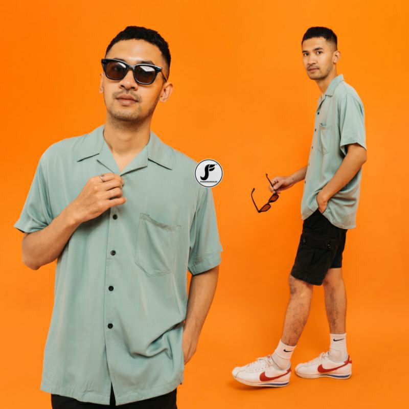 Kemeja Rayon Polos Oversize Lengan Pendek Sage Green Cotton Rayon Premium