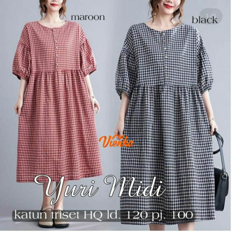 Yuri midi dress katun kotak kotak LD 120 jumbo xxl