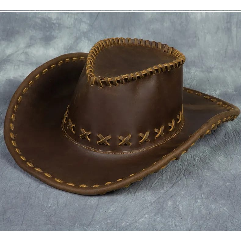 Topi Koboi Kulit Sapi Crazy House Jahitan Sulam Manual