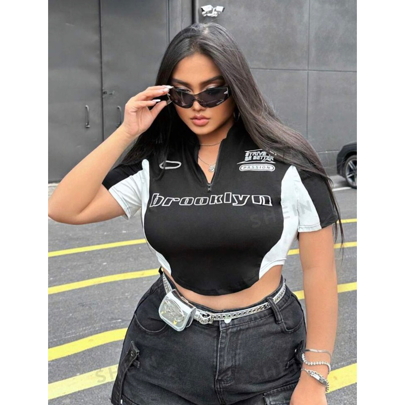 SHEIN || Letter Graphic Two Tone Half Zip Tee