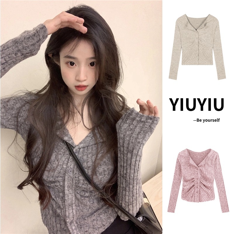 YIU YIU Rajut - Kemeja Korean Style Wanita Crinkle Blouse Baju Lengan Panjang Ketat Blouse Kekinian 