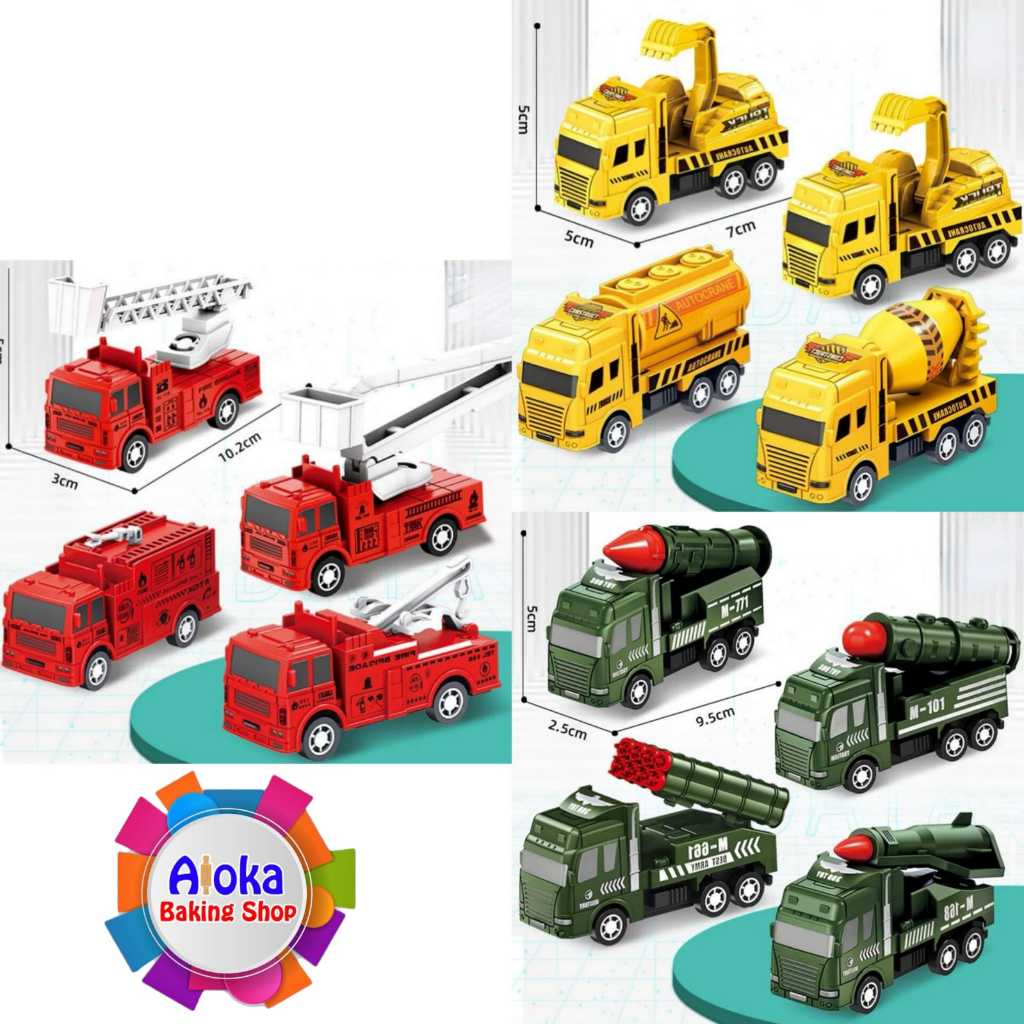 

4Pcs / Set Mobil mainan anak-anak simulasi truk pemadam kendaraan model militer kendaraan teknik dekorasi kue ulang tahun