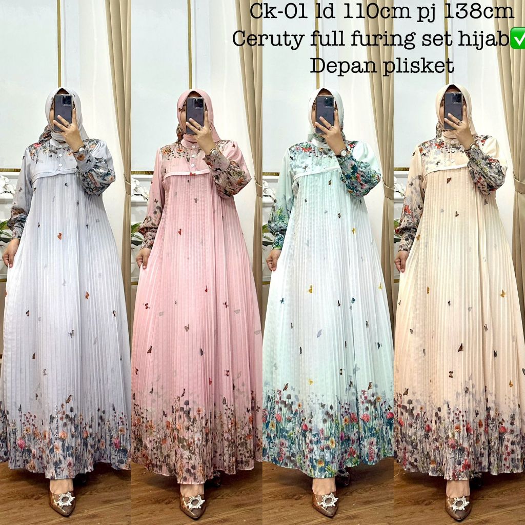 GAMIS PLISKET CERUTY FULL FURING DRESS HIJAB TERBARU MOTIF BUNGA