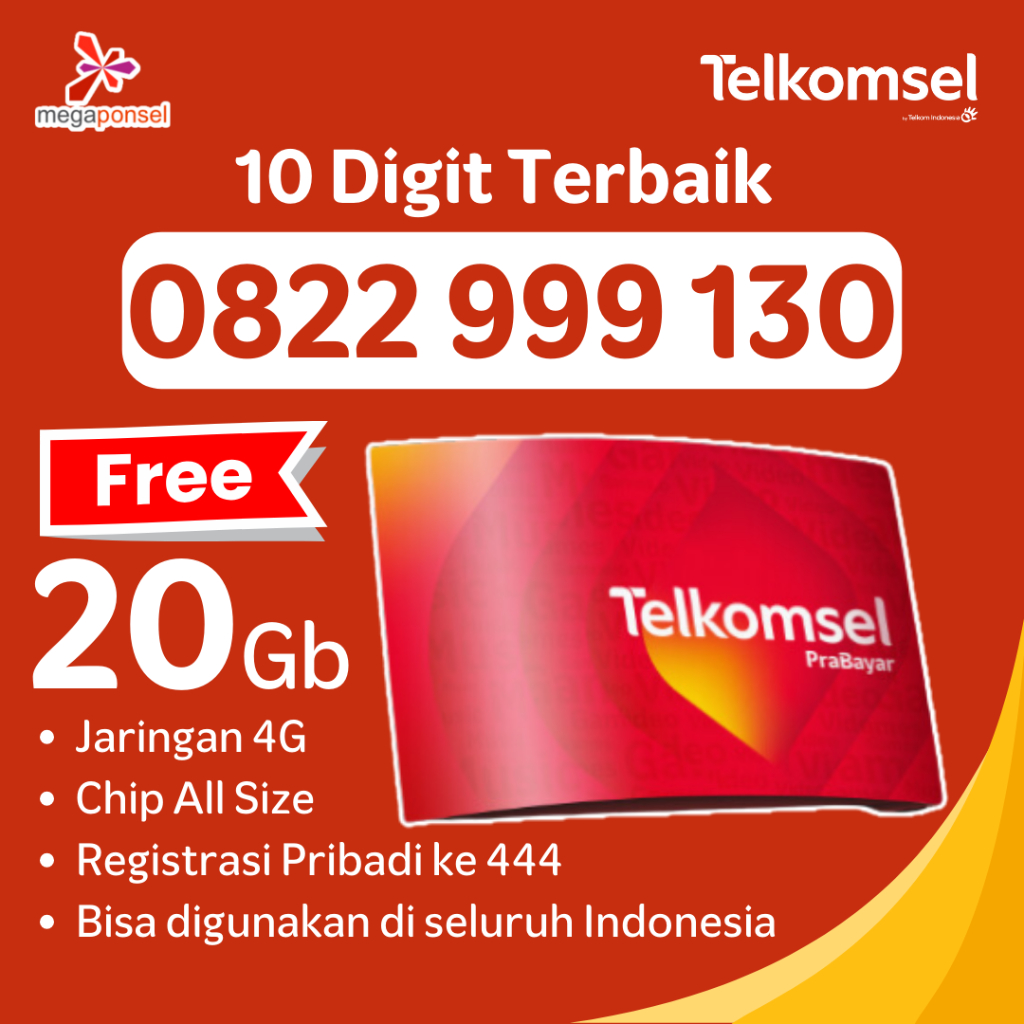 Kartu Cantik Nomor Perdana Cantik Telkomsel 10 Digit Simpati 4G Bonus Kuota 20 GB 999