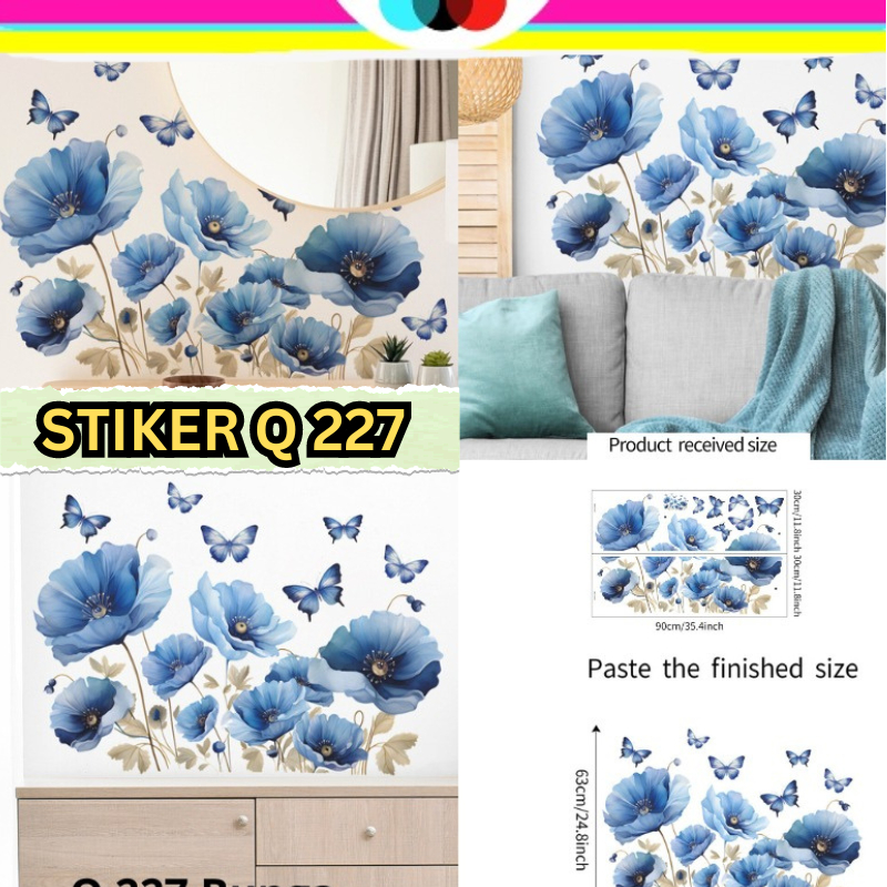Wallsticker Wall Stiker Setiker Sticker Dinding Tembok Motif Pagar List Lis Border Bunga Biru Q 227 