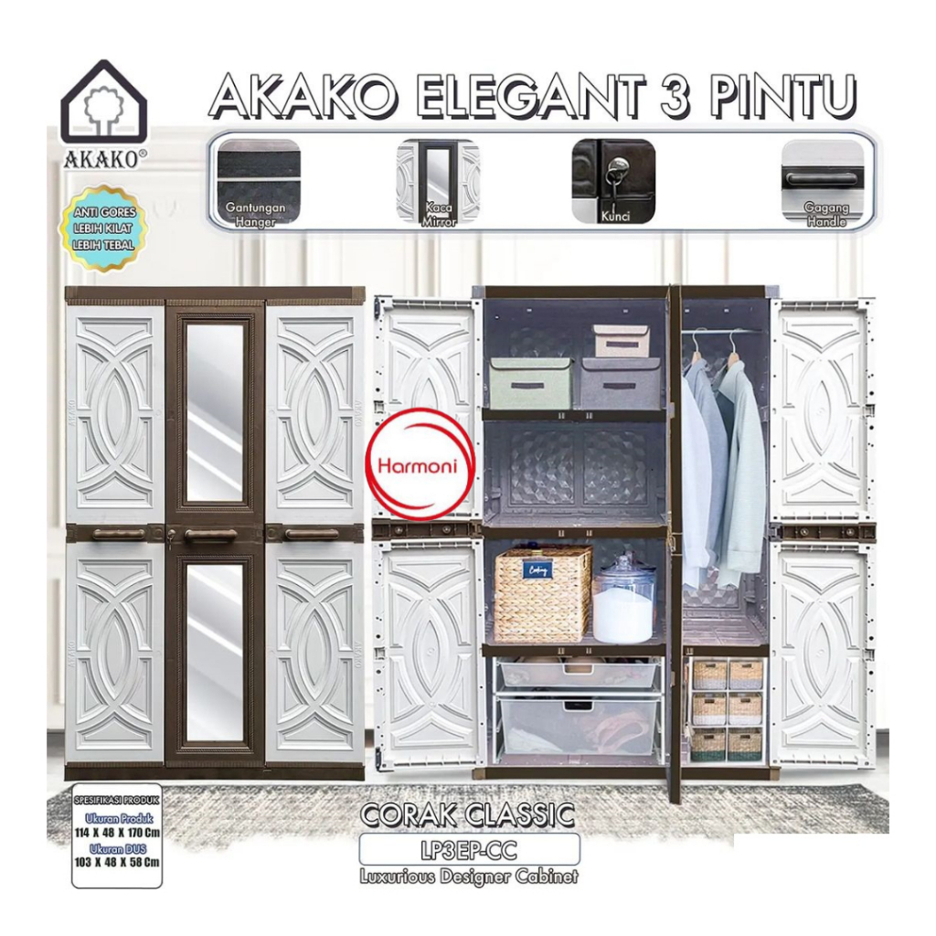 LEMARI PAKAIAN PLASTIK 3 PINTU KACA AKAKO ELEGANT LEMARI PLASTIK PAKAIAN 3 PINTU KACA