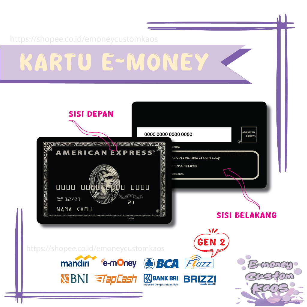 KARTU EMONEY CARD AMERICAN EXPRESS BLACK MANDIRI FLAZZ BCA GEN 2 BNI TAPCASH BRIZZI BRI - 2 SISI