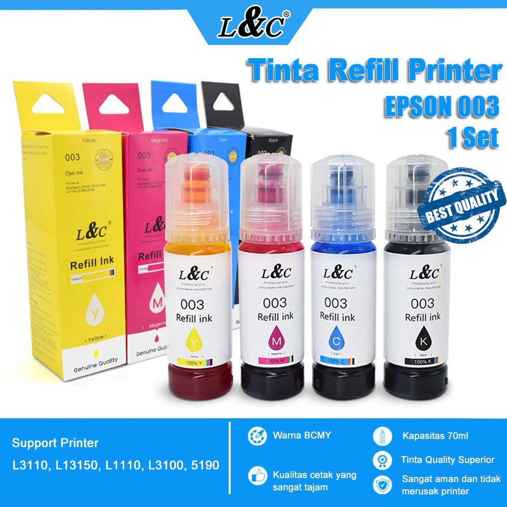 Tinta Epson 003 Tinta L&C Ink 1 Set Untuk Printer L1110 L3110 L3101 L3150 L5190 L310