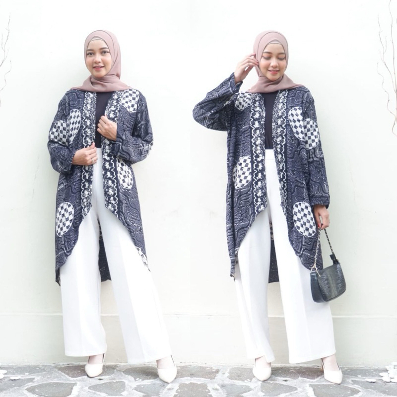 Outer Bolero Tunik Motif Indigo Cardigan Rayon Premium Motif Batik Cap Bolero Outer Sabyan