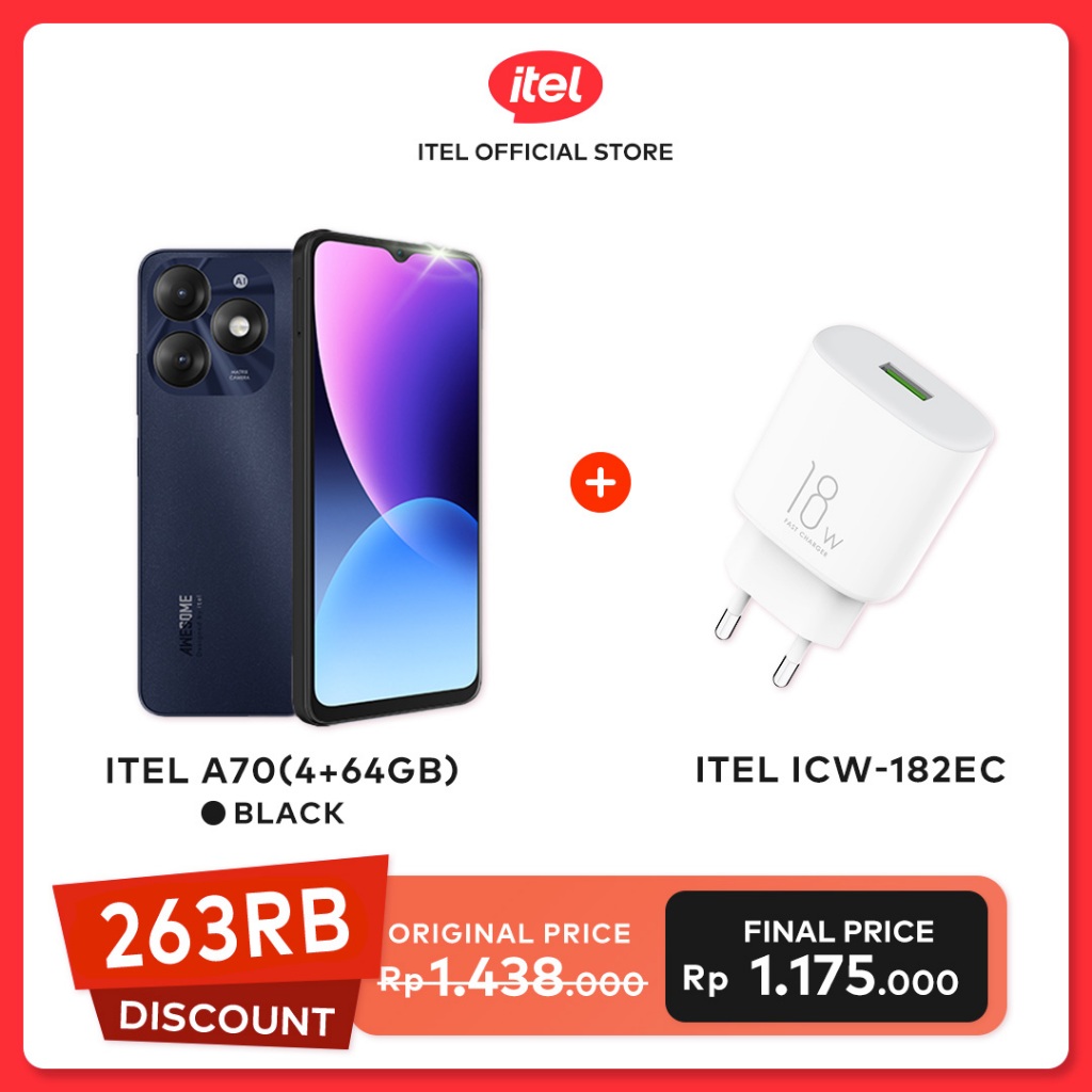 itel Handphone A70 64GB/128GB + TWS / Charger Kabel Type-C ICW-182EC  / Smart Watch 2 ES / Powerbank 100PF Faster Charging 22.5W GARANSI RESMI-A70 64G BK+ICW-182EC