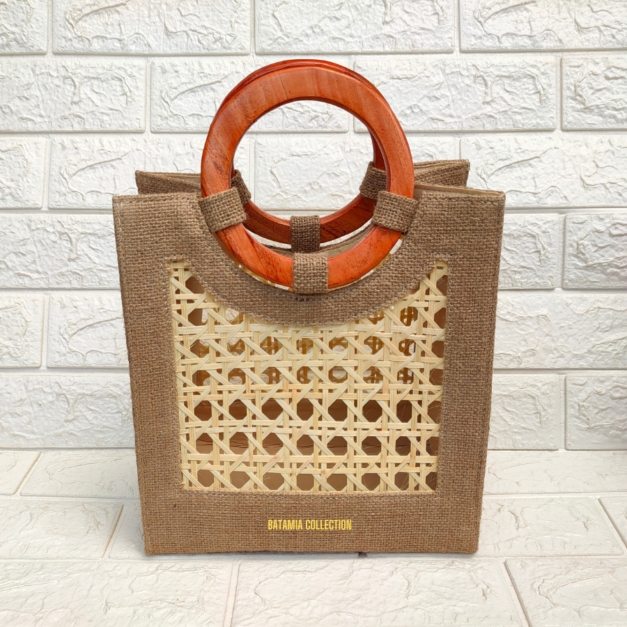 Tas Handle Goni Motif Anyam Bambu Tas Wanita Etnik Gagang Kayu