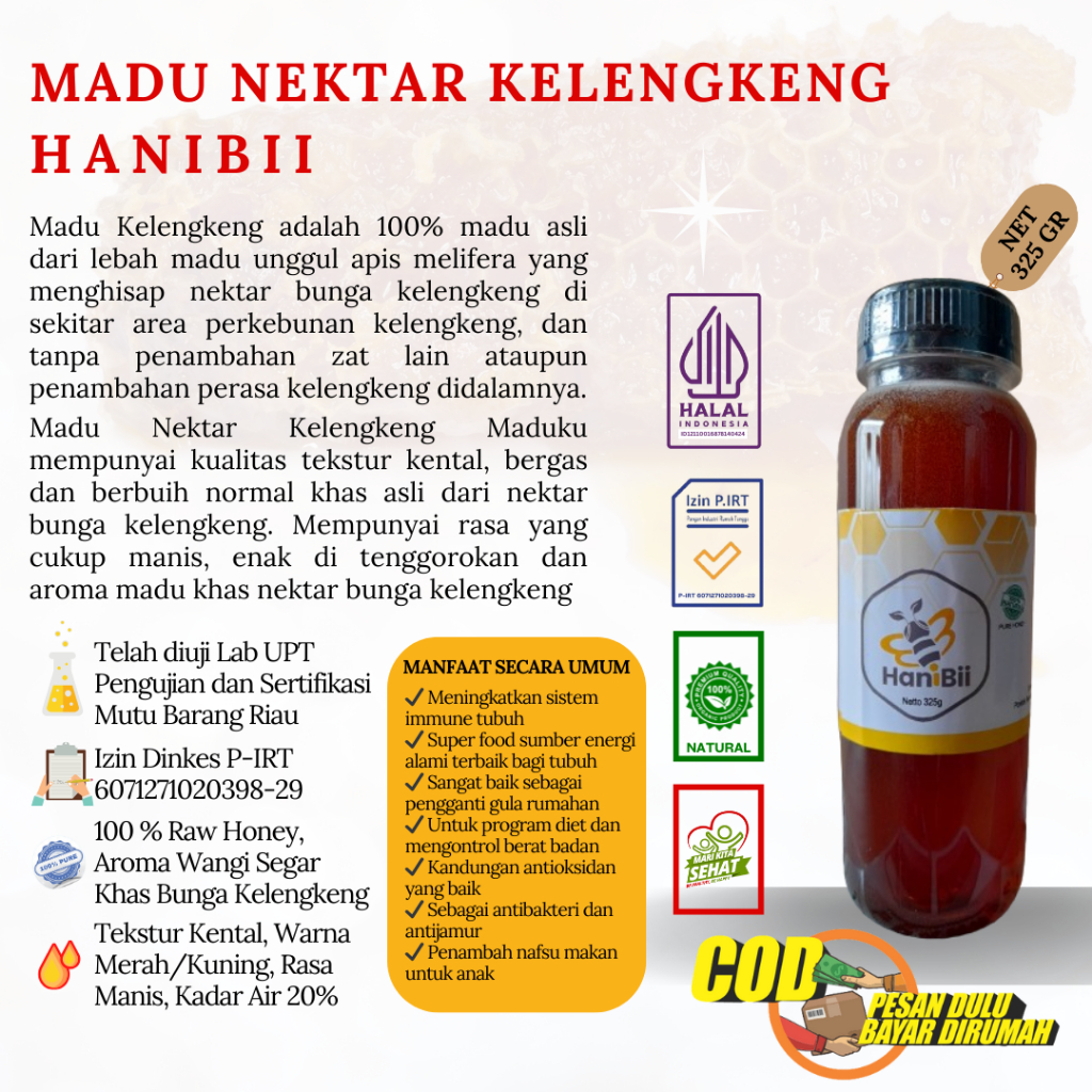 

Madu Murni Asli Nektar Kelengkeng Netto 325 Gr HaniBii Lulus Uji Lab