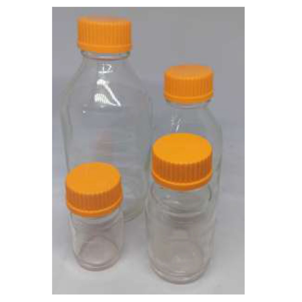 LABORATORY BOTTLE 100mL Ø56x100mm Clear with screw cap. Pouring Ring (PP.ORANGE). PYREX CORNING USA
