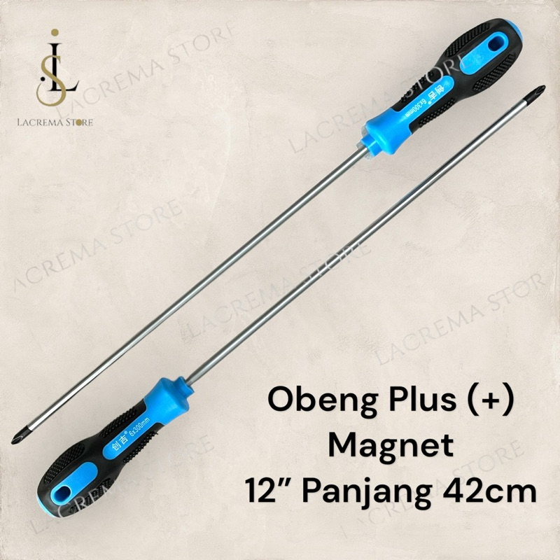 OBENG PANJANG MAGNET PLUS + GAGANG KARET 12 INCH BIRU