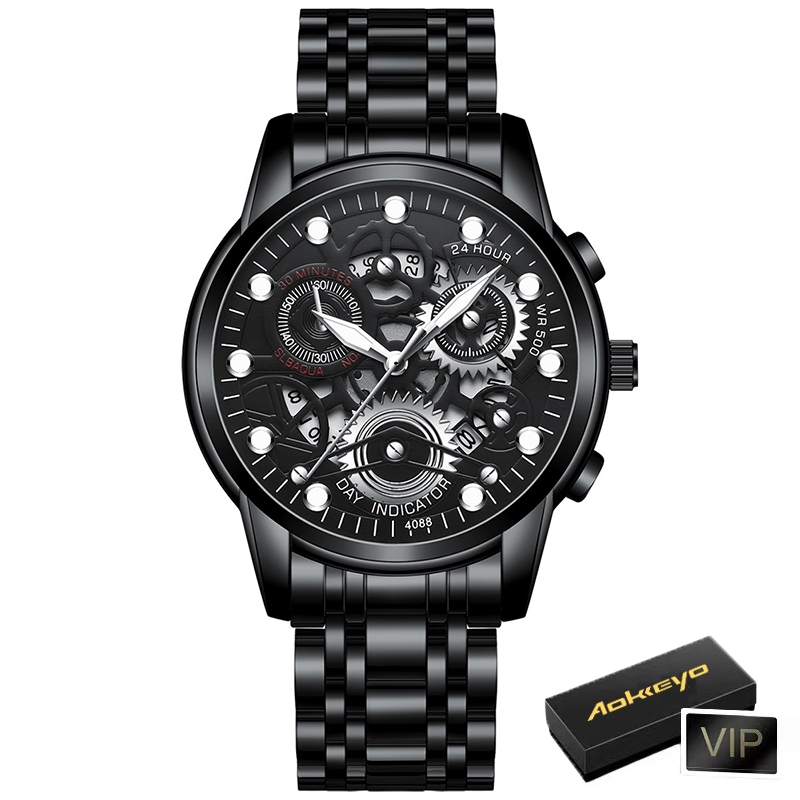 AOKEYO 4088 COD Jam Tangan Pria Anti Air Original Luxury Stainless Steel Free Box And Kartu Garansi-Full Black-F2