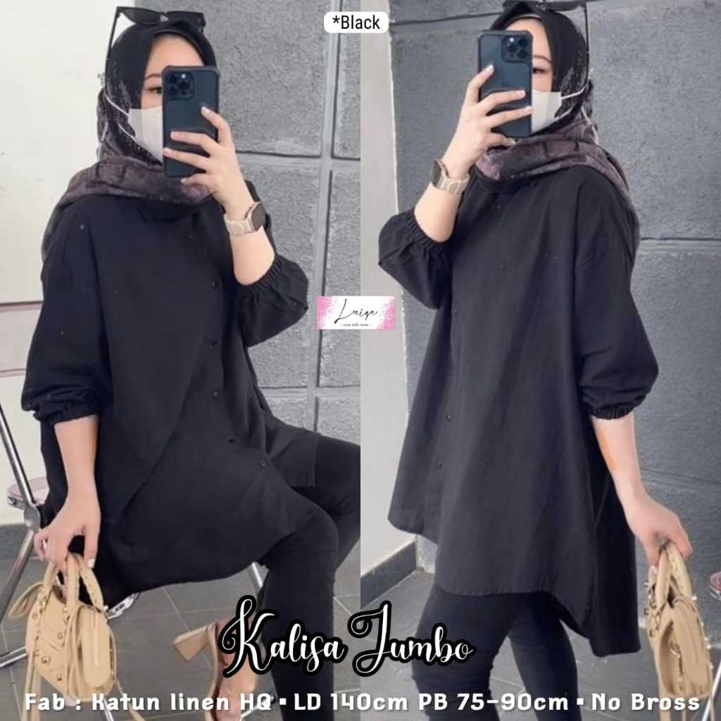 Kalisa Kemeja wanita Katun linen oversize jumbo lengan panjang