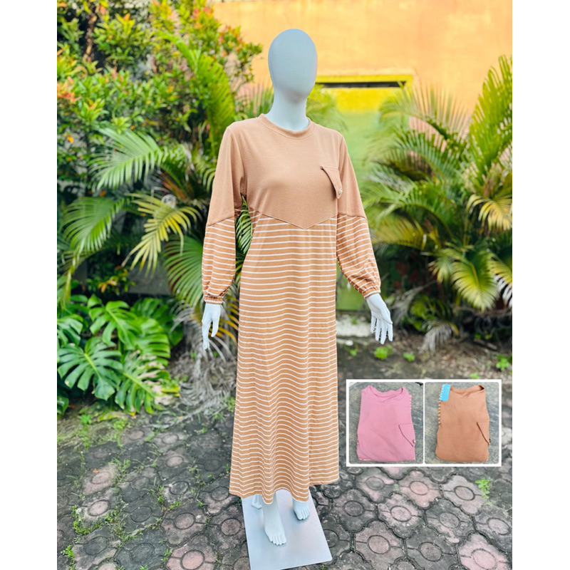 Naina Dress Gamis Knit Premium Kombinasi Polos Motif Salur Wudhu Friendly