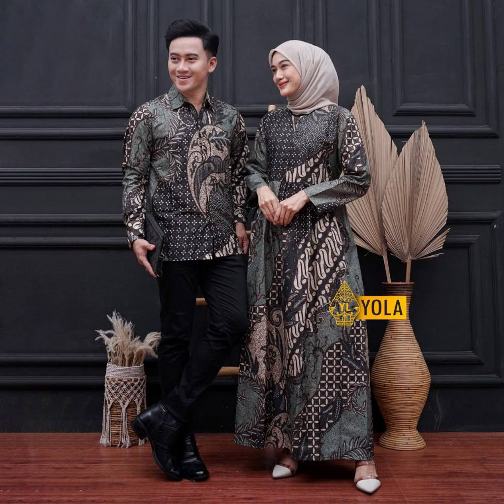 BATIK COUPLE KEMEJA PANJANG GAMIS BATIK SRIWEDARI MAXI BUMIL/BUSUI POLY TEXTIL SOGAN ALL SIZE & JUMB