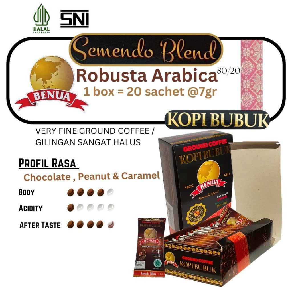 

Kopi Bubuk Semendo Blend Benua (Arabika & Robusta ) 1 Box = 20 Sachet@7gram