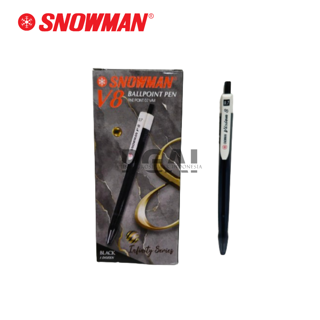 

BOLPOIN PULPEN BALLPOINT SNOWMAN V8 0.7 MM TINTA HITAM 1 PACK ISI 12 PCS