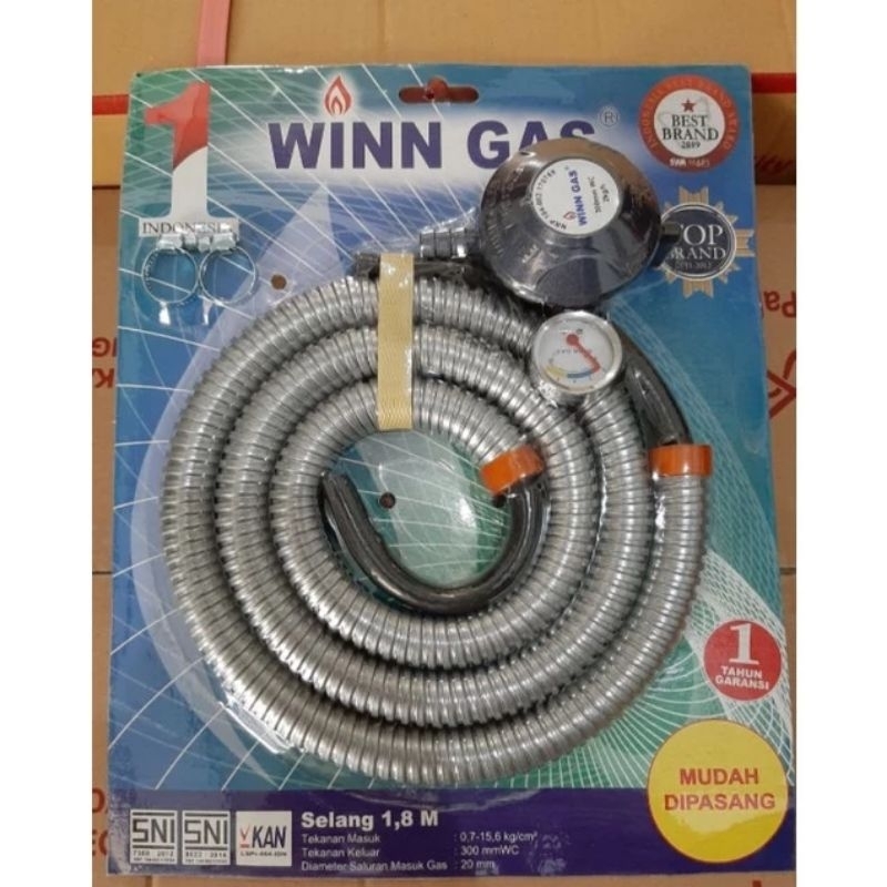 Regulator dan Selang Gas Lpg + Klem Kompor merk Winn Gas Tekanan Rendah SNI