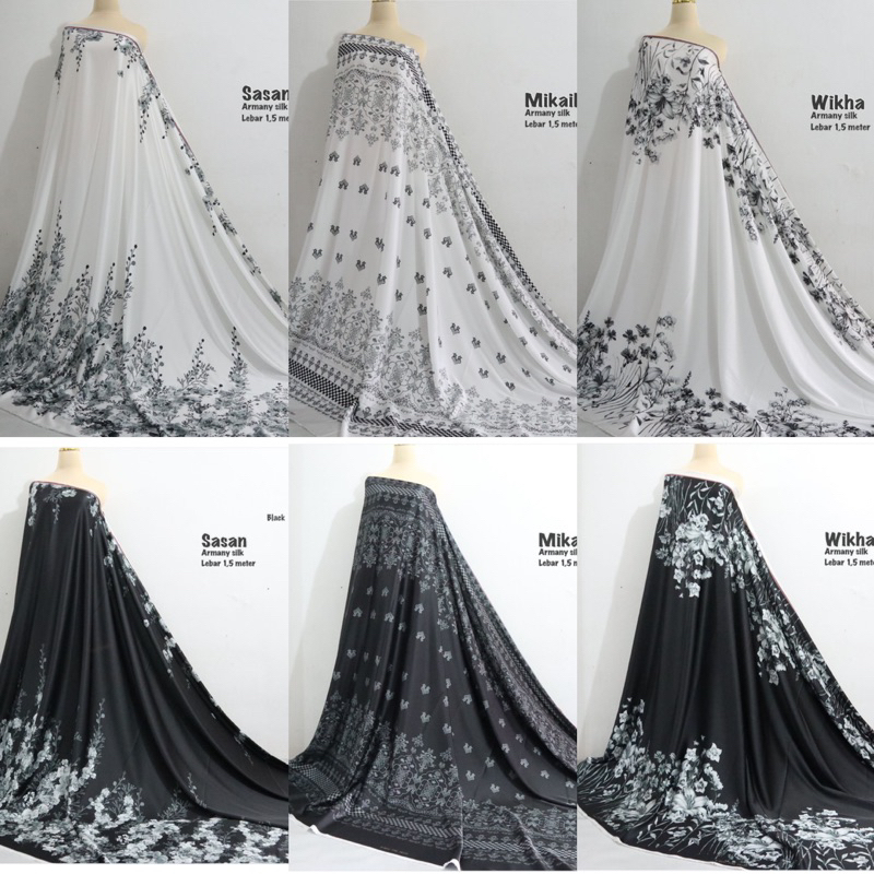 Kain armanyy silk warn hitam putih | kain motif pinggir | motif bunga