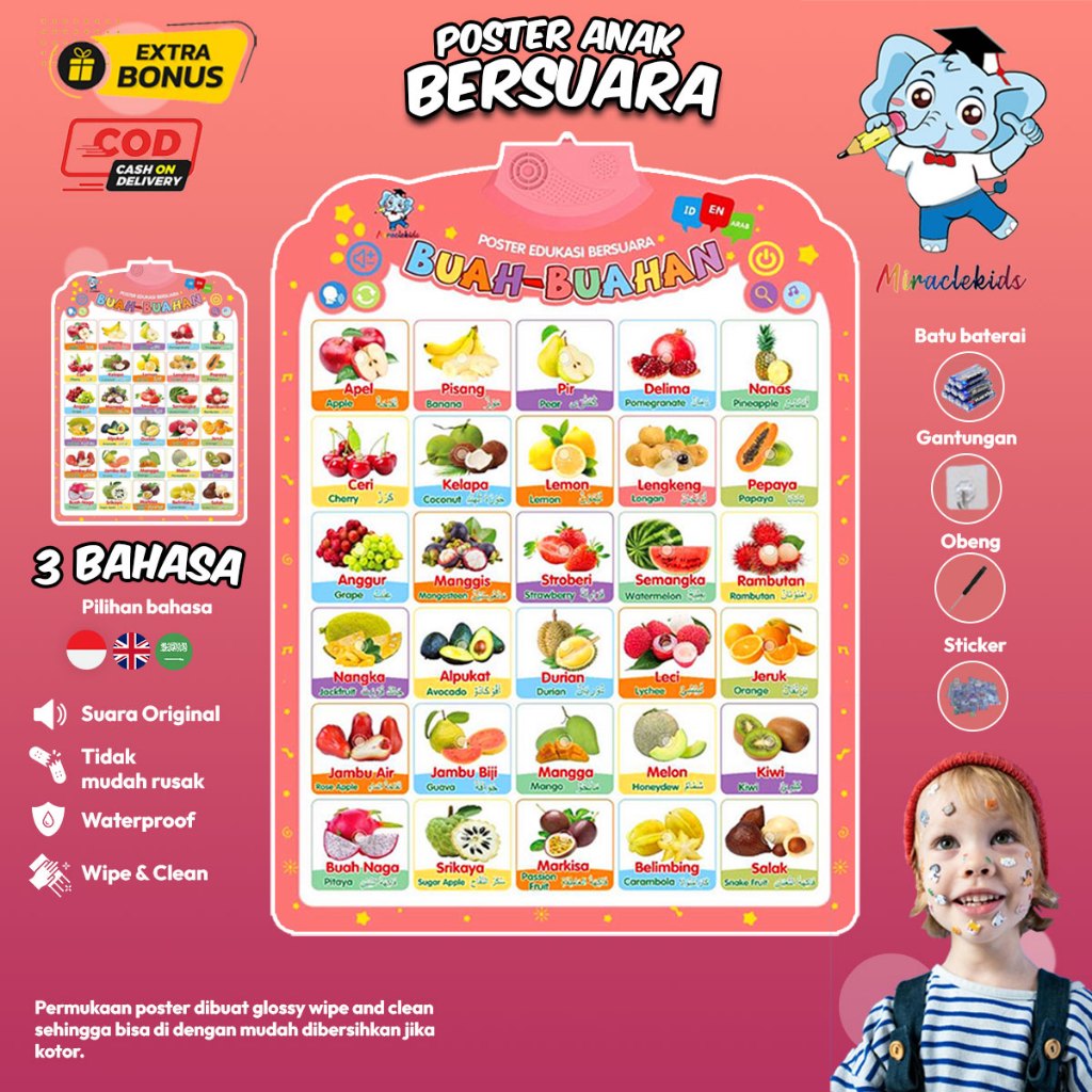 Mainan anak poster buah buahan edukasi bersuara bermain sambil belajar bahasa indonesia inggris arab