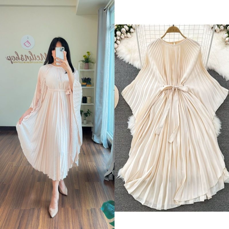 Louise Pleated Batwing Dress BIGSIZE Jumbo LD 110-120/Gaun hamil Gereja/kondangan hijau/krem/merah/h