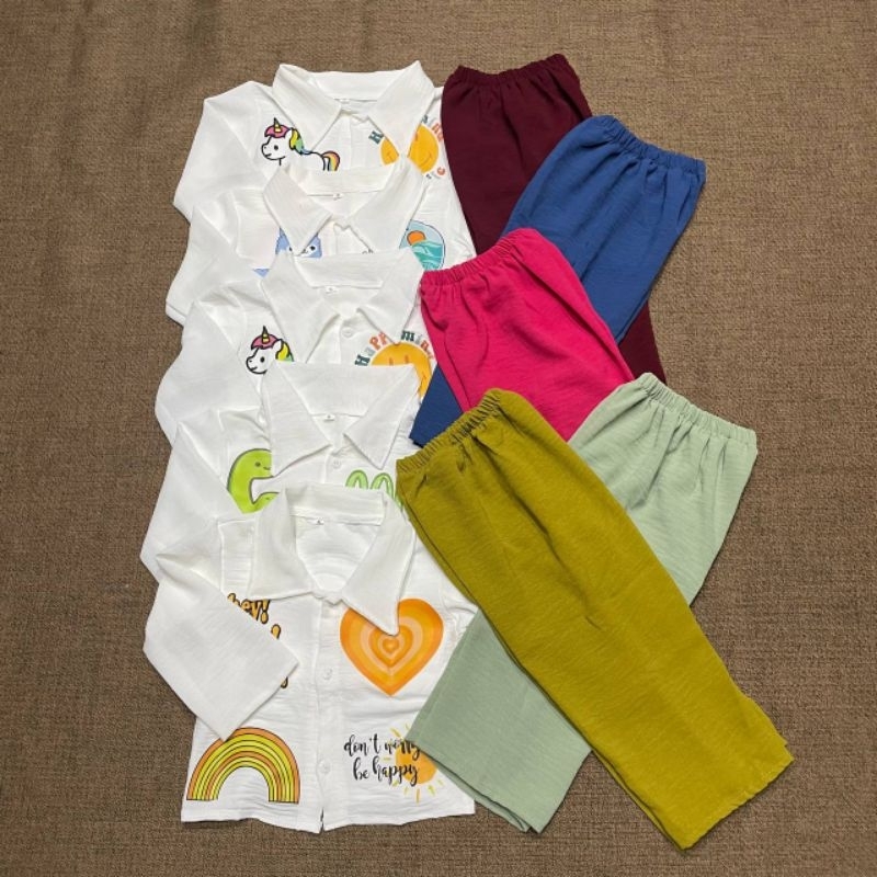 Baju stelan anak perempuan kemeja crop top emoji usia 1-9tahun