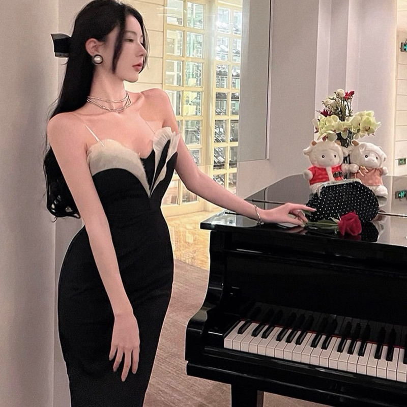 Yola tube dress pesta korean organza dress party elegant formal midi gaun kondangan black