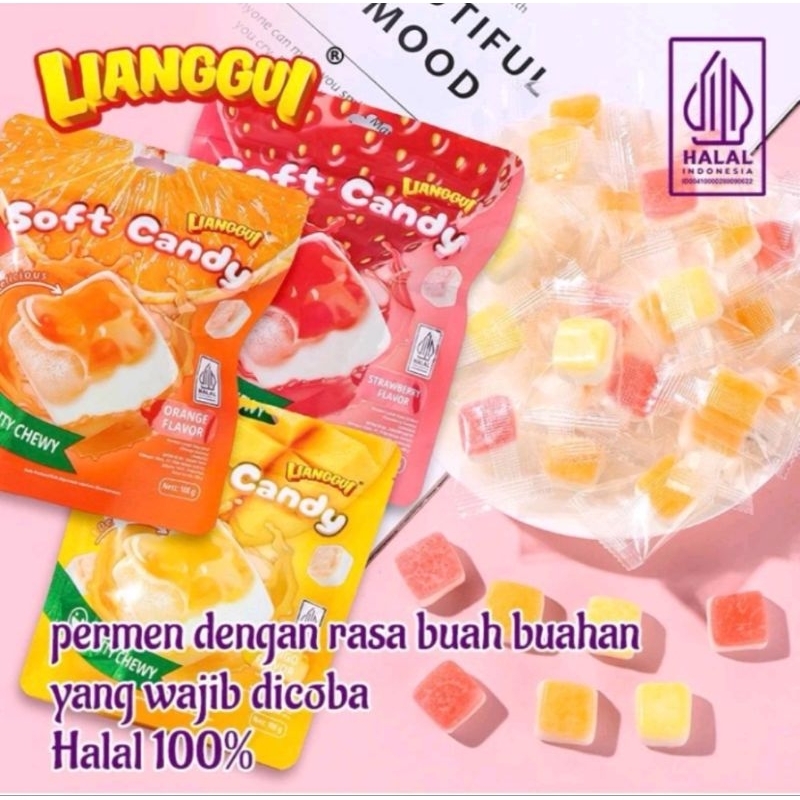

Lianggui Soft candy 108gr Lianggui Fruity Chewy Soft candy rasa mango / strawberry/ Orange 108gr