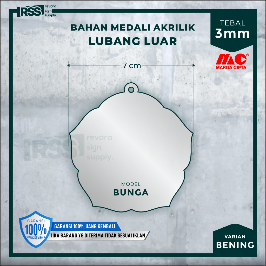 

Medali Akrilik Polos 7cm tebal 3mm | Model Bunga | LUBANG LUAR | Medali Bunga