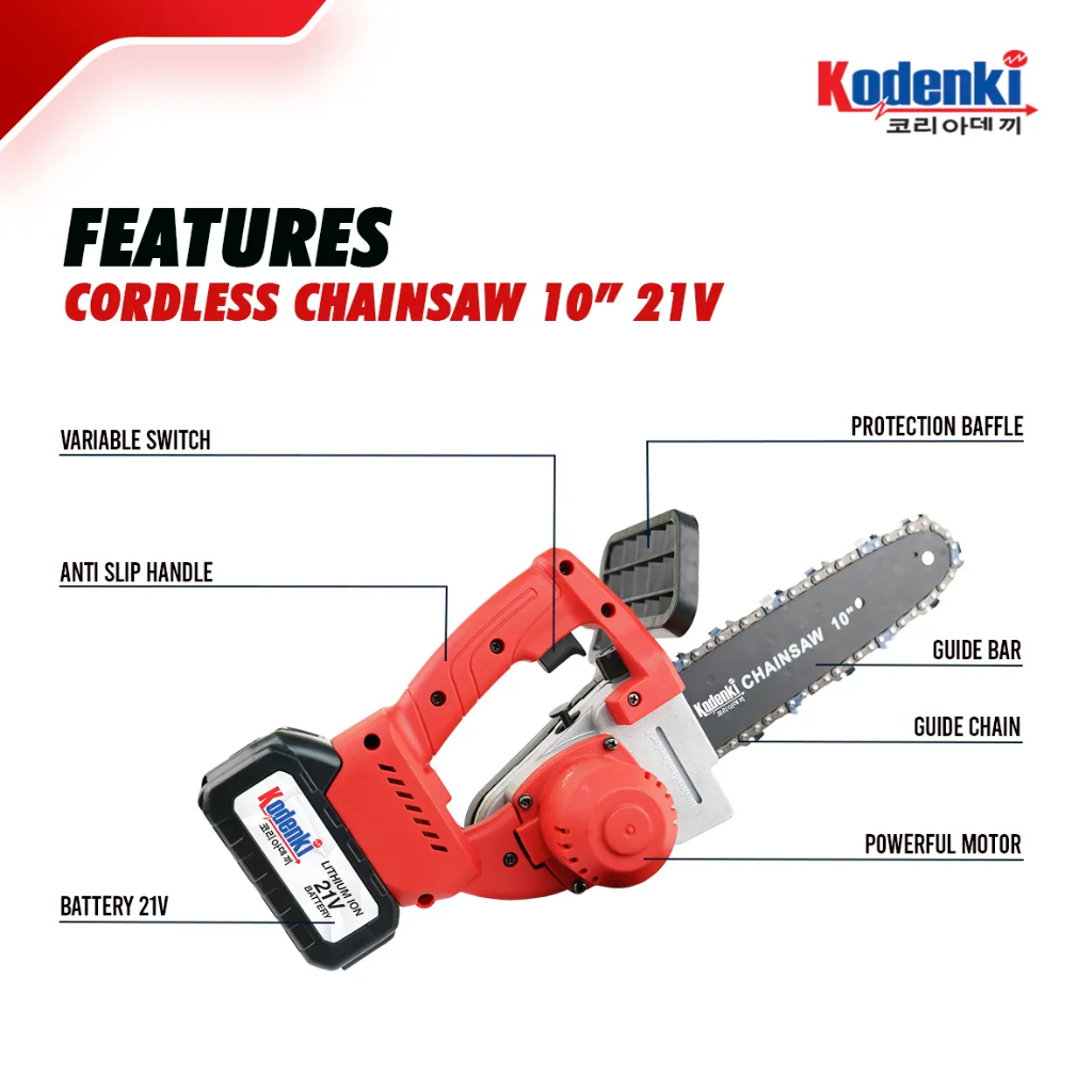 Gergaji listrik chainsaw cordless pohon kayu baterai kodenki 10" rantai batre 21V - Mesin senso bate