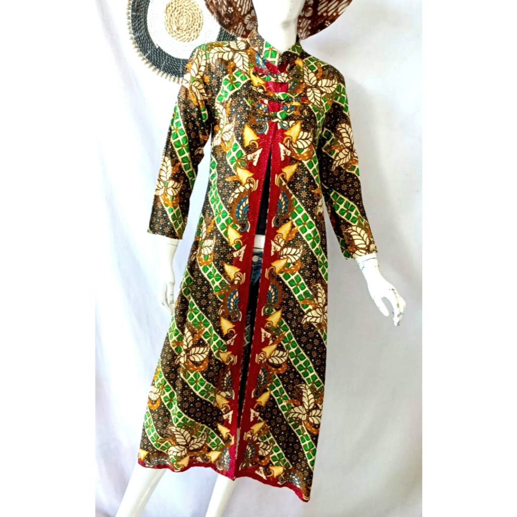 Cardigan Panjang Batik Hijau Lengan Panjang Katun
