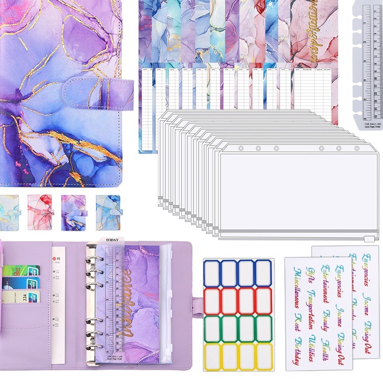 

Pasti Irit A6 Binder Set Textured Folder 6 holes Penyimpanan Uang Kertas Ukuran A6 Motif Marmer Dengan Resleting
