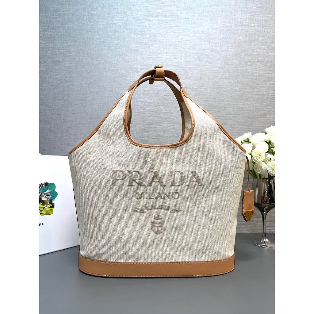 Tas PRDyur Natural Large Linen Blend and Leather Tote Bag