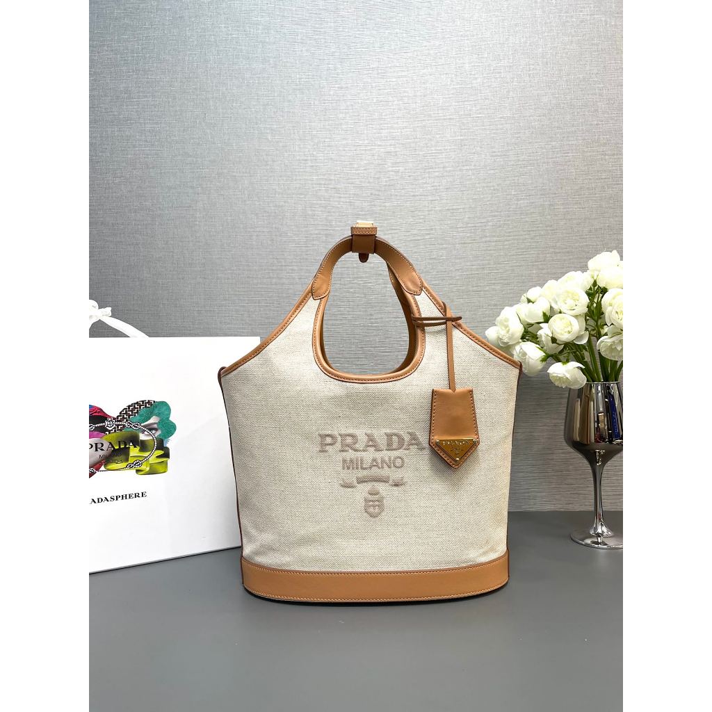 Tas PRDyur Natural Medium Linen Blend and Leather Tote Bag
