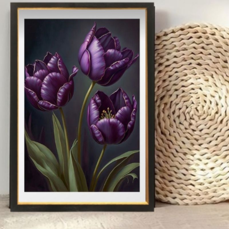 Hiasan dinding Lukisan Cetak Bunga tulip Ungu cantik plus bingkai ukuran 45x65cm