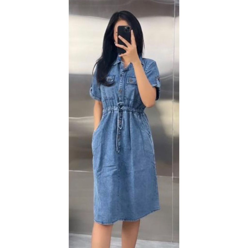 NANDO DRESS DENIM SNOW WANITA PINGGANG SERUT SLIM KANTONG DUA LENGAN LIPAT KANCING MIDI DRESS 8231
