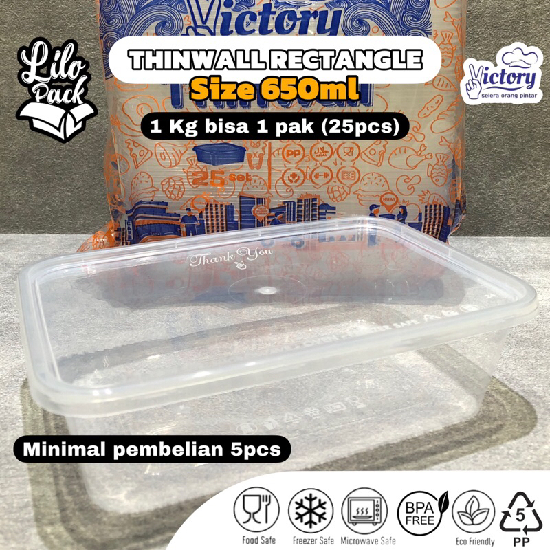 [ECER min. 5pcs] Thinwall Rectangle 650ml merk Victory / Kotak Plastik Persegi Panjang / Kotak Makan