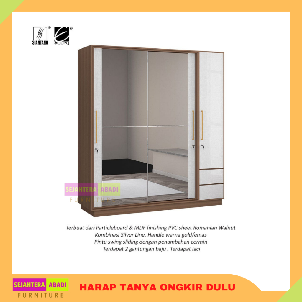 Siantano lemari sliding besar LP DANTE 4D SS Lemari Pakaian 4 Pintu Siantano lemari baju modern mini