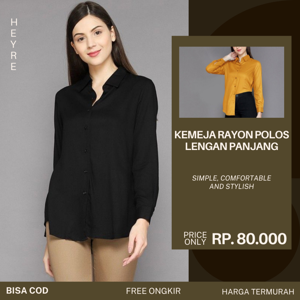 KEMEJA BASIC POLOS BAHAN KATUN RAYON KEMEJA KASUAL WANITA FULL KANCING TANGAN LENGAN PANJANG SKODER 
