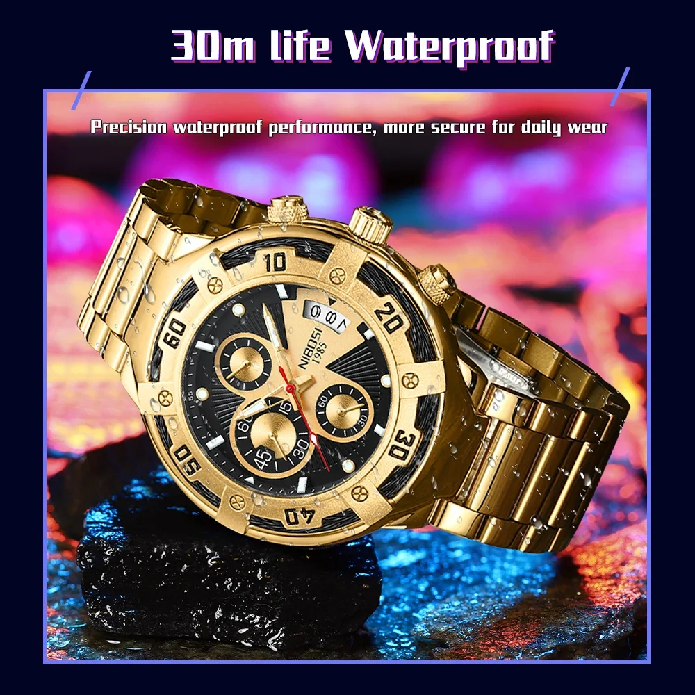 Jam Tangan Pria Original Watch Anti Tahan Air Stainless Analog Tanggal Chronograph Nibosi 2577 Medan