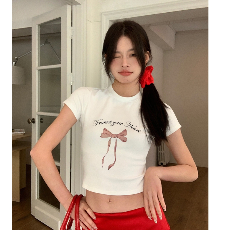 Atasan Wanita Lengan Pendek Bow-knot Motif Baju Kaos Putih Wanita Import Premium Crewneck T-shirt Sl