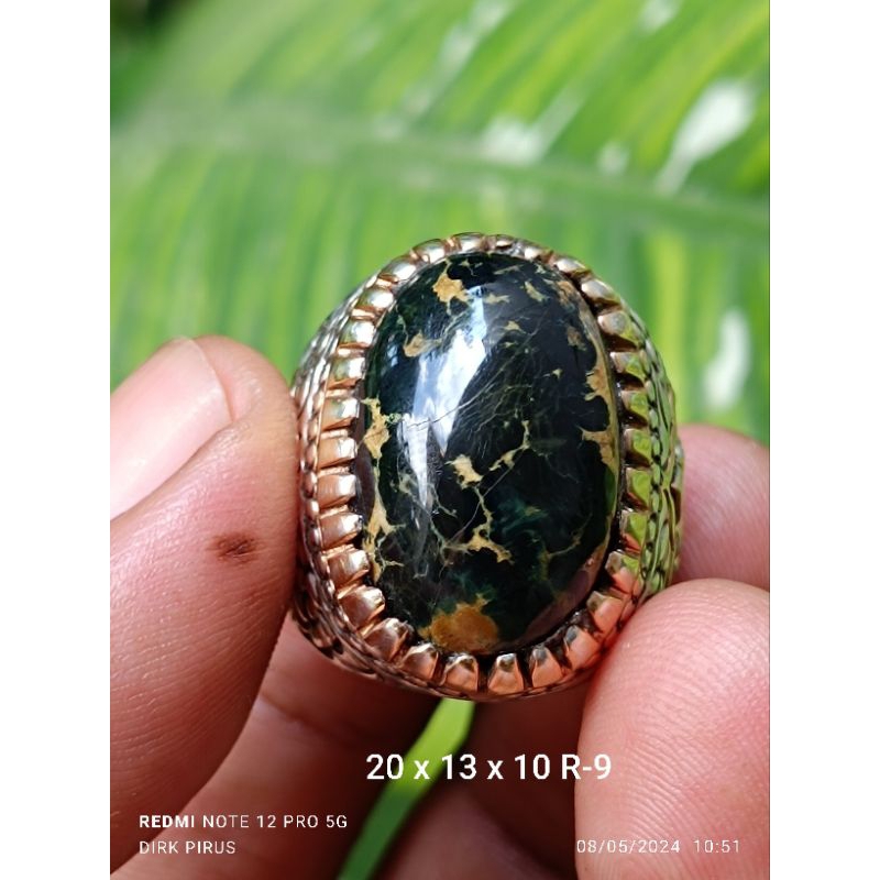 Pirus Persia hijau gelap urat emas ajib dim kantoran ring Perak